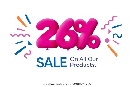 Special summer sale banner 26% discount in form of 3d balloons Pink Vector design seasonal shopping promo advertisement illustration 3d numbers for tag offer label Enjoy Discounts Up to 26% off