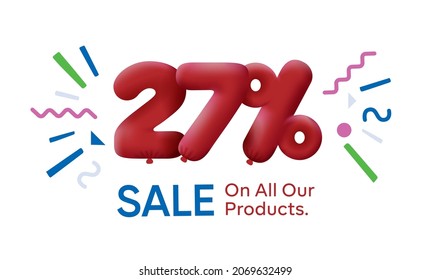 Special summer sale banner 27% discount in form of 3d balloons Red Vector design seasonal shopping promo advertisement illustration 3d numbers for tag offer label Enjoy Discounts Up to 27% off