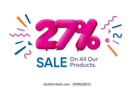 Special summer sale banner 27% discount in form of 3d balloons Pink Vector design seasonal shopping promo advertisement illustration 3d numbers for tag offer label Enjoy Discounts Up to 27% off