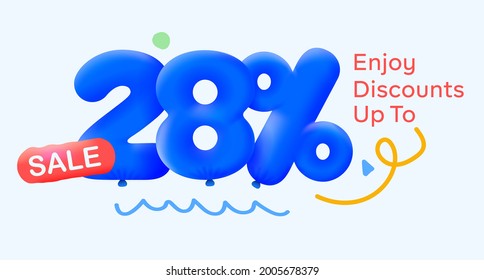 Special summer sale banner 28% discount in form of 3d blue balloons sun Vector design, seasonal shopping promo advertisement, illustration 3d numbers for tag offer label Enjoy Diccounts Up to 28% off
