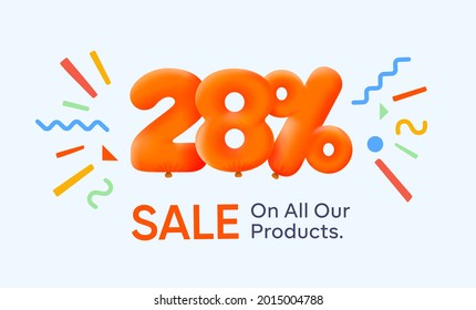 Special summer sale banner 28% discount in form of 3d yellow balloons sun Vector design seasonal shopping promo advertisement illustration 3d numbers for tag offer label Enjoy Discounts Up to 28% off