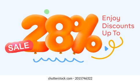 Special summer sale banner 28% discount in form of 3d yellow balloons sun Vector design seasonal shopping promo advertisement illustration 3d numbers for tag offer label Enjoy Discounts Up to 28% off