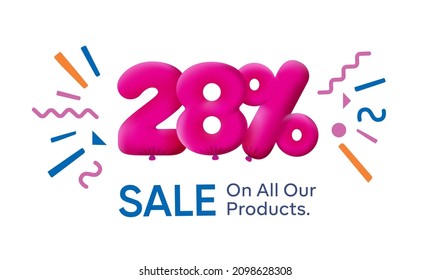 Special summer sale banner 28% discount in form of 3d balloons Pink Vector design seasonal shopping promo advertisement illustration 3d numbers for tag offer label Enjoy Discounts Up to 28% off