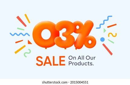 Banner especial de venta de verano 3% de descuento en forma de globos 3d amarillo diseño Vector de sol ilustración de promoción de compras estacional números 3d para etiqueta de oferta Disfrutar descuentos Hasta 3% de descuento