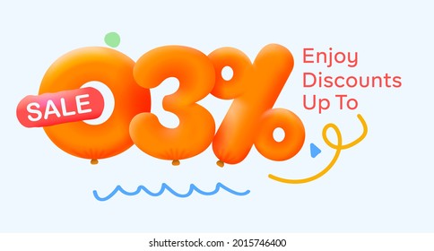 Special summer sale banner 3% discount in form of 3d yellow balloons sun Vector design seasonal shopping promo advertisement illustration 3d numbers for tag offer label Enjoy Discounts Up to 3% off