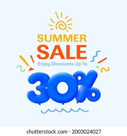 Special summer sale banner 30% discount in form of 3d blue balloons sun Vector design, seasonal shopping promo advertisement, illustration 3d numbers for tag offer label Enjoy Diccounts Up to 30% off