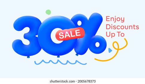 Special summer sale banner 30% discount in form of 3d blue balloons sun Vector design, seasonal shopping promo advertisement, illustration 3d numbers for tag offer label Enjoy Diccounts Up to 30% off