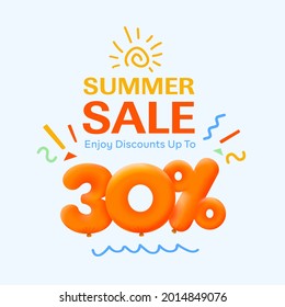 Special summer sale banner 30% discount in form of 3d yellow balloons sun Vector design seasonal shopping promo advertisement illustration 3d numbers for tag offer label Enjoy Discounts Up to 30% off