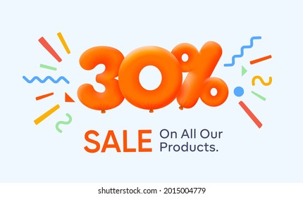 Special summer sale banner 30% discount in form of 3d yellow balloons sun Vector design seasonal shopping promo advertisement illustration 3d numbers for tag offer label Enjoy Discounts Up to 30% off