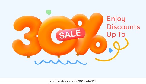 Special summer sale banner 30% discount in form of 3d yellow balloons sun Vector design seasonal shopping promo advertisement illustration 3d numbers for tag offer label Enjoy Discounts Up to 30% off