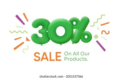 Special summer sale banner 30% discount in form of 3d balloons Green Vector design seasonal shopping promo advertisement illustration 3d numbers for tag offer label Enjoy Discounts Up to 30% off