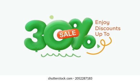 Special summer sale banner 30% discount in form of 3d balloons Green Vector design seasonal shopping promo advertisement illustration 3d numbers for tag offer label Enjoy Discounts Up to 30% off