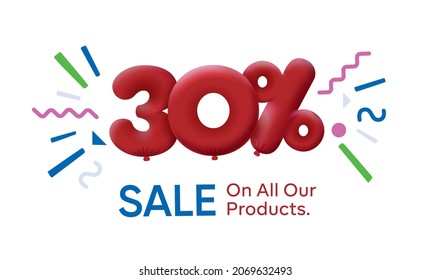 Special summer sale banner 30% discount in form of 3d balloons Red Vector design seasonal shopping promo advertisement illustration 3d numbers for tag offer label Enjoy Discounts Up to 30% off