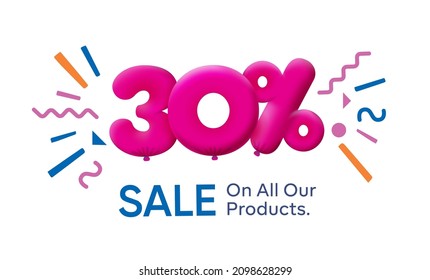 Special summer sale banner 30% discount in form of 3d balloons Pink Vector design seasonal shopping promo advertisement illustration 3d numbers for tag offer label Enjoy Discounts Up to 30% off