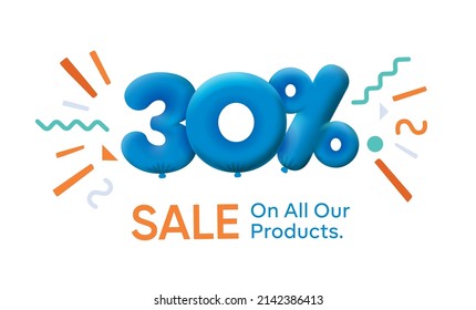 Special summer sale banner 30% discount in form of 3d balloons Blue Vector design seasonal shopping promo advertisement illustration 3d numbers for tag offer label Enjoy Discounts Up to 30% off