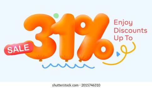 Special summer sale banner 31% discount in form of 3d yellow balloons sun Vector design seasonal shopping promo advertisement illustration 3d numbers for tag offer label Enjoy Discounts Up to 31% off