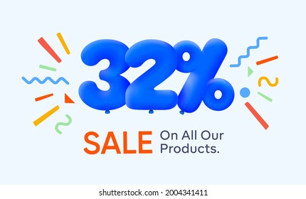 Special summer sale banner 32% discount in form of 3d blue balloons sun Vector design, seasonal shopping promo advertisement, illustration 3d numbers for tag offer label Enjoy Diccounts Up to 32% off