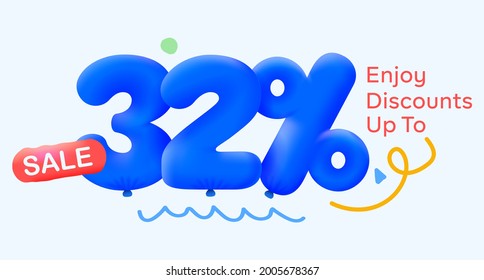 Special summer sale banner 32% rabatt in Form von 3d blauen Ballons sonnige Vektordesign, saisonale Shopping-Werbeaktion, Abbildung 3D-Nummern für das Tag-Offertetikett Genießen Rabatt bis zu 32% Rabatt