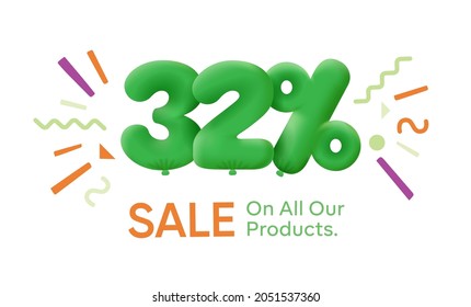 Special summer sale banner 32% discount in form of 3d balloons Green Vector design seasonal shopping promo advertisement illustration 3d numbers for tag offer label Enjoy Discounts Up to 32% off