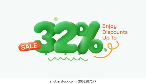 Banner especial de venta de verano 32% de descuento en forma de globos 3d Diseño Vector verde estacional de promoción de compras ilustración 3d números para etiqueta de oferta Disfrutar descuentos Hasta 32% de descuento