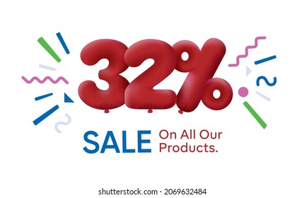 Special summer sale banner 32% discount in form of 3d balloons Red Vector design seasonal shopping promo advertisement illustration 3d numbers for tag offer label Enjoy Discounts Up to 32% off