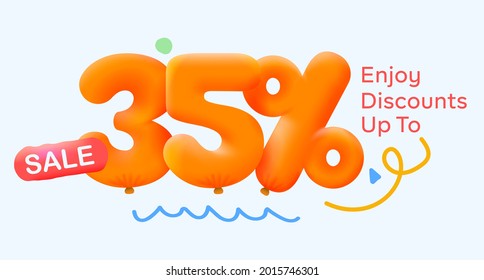 Special summer sale banner 35% discount in form of 3d yellow balloons sun Vector design seasonal shopping promo advertisement illustration 3d numbers for tag offer label Enjoy Discounts Up to 35% off