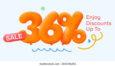 Special summer sale Banner 36% Rabatt in Form von 3D-gelben Ballons Sonne Vector Design saisonale Shopping-Werbeaktion Illustration 3d Zahlen für Tag-Angebotsetikett genießen Rabatte bis zu 36% Rabatt