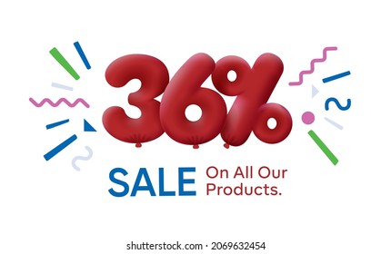 Special summer sale banner 36% discount in form of 3d balloons Red Vector design seasonal shopping promo advertisement illustration 3d numbers for tag offer label Enjoy Discounts Up to 36% off