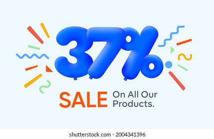 Special summer sale banner 37% discount in form of 3d blue balloons sun Vector design, seasonal shopping promo advertisement, illustration 3d numbers for tag offer label Enjoy Diccounts Up to 37% off