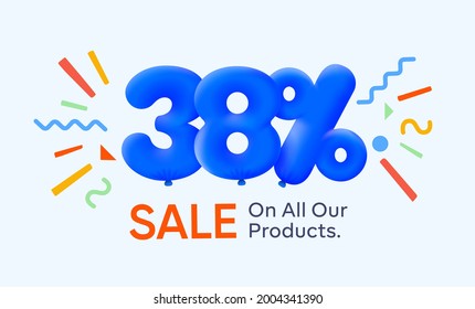 Special summer sale banner 38% discount in form of 3d blue balloons sun Vector design, seasonal shopping promo advertisement, illustration 3d numbers for tag offer label Enjoy Diccounts Up to 38% off
