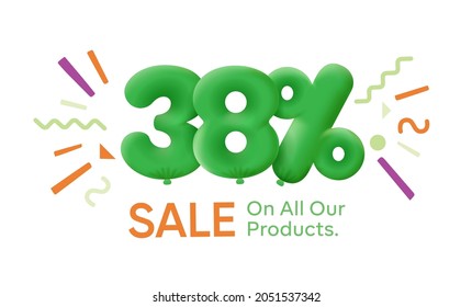 Special summer sale banner 38% discount in form of 3d balloons Green Vector design seasonal shopping promo advertisement illustration 3d numbers for tag offer label Enjoy Discounts Up to 38% off