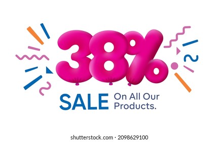 Special summer sale banner 38% discount in form of 3d balloons Pink Vector design seasonal shopping promo advertisement illustration 3d numbers for tag offer label Enjoy Discounts Up to 38% off