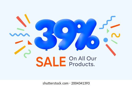 Special summer sale banner 39% discount in form of 3d blue balloons sun Vector design, seasonal shopping promo advertisement, illustration 3d numbers for tag offer label Enjoy Diccounts Up to 39% off