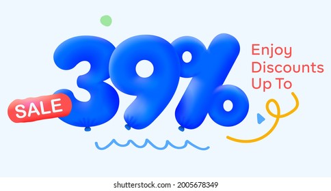 Special summer sale banner 39% discount in form of 3d blue balloons sun Vector design, seasonal shopping promo advertisement, illustration 3d numbers for tag offer label Enjoy Diccounts Up to 39% off