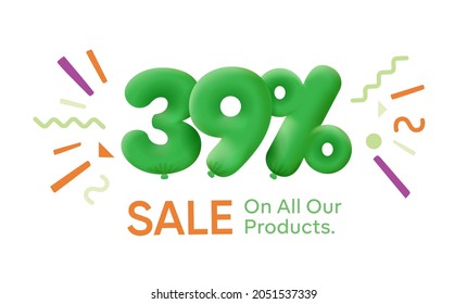 Special summer sale banner 39% discount in form of 3d balloons Green Vector design seasonal shopping promo advertisement illustration 3d numbers for tag offer label Enjoy Discounts Up to 39% off