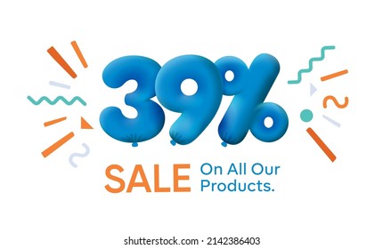 Special summer sale banner 39% discount in form of 3d balloons Blue Vector design seasonal shopping promo advertisement illustration 3d numbers for tag offer label Enjoy Discounts Up to 39% off