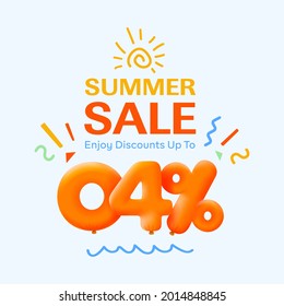 Banner especial de venta de verano 4% de descuento en forma de globos 3d amarillo diseño Vector de sol ilustración de promoción de compras estacional números 3d para etiqueta de oferta Disfrutar descuentos Hasta 4% de descuento