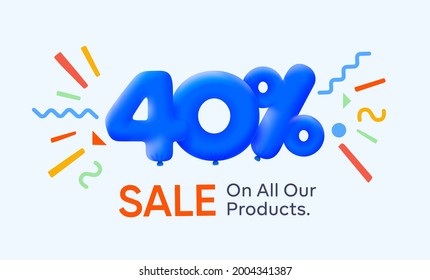 Special summer sale banner 40% discount in form of 3d blue balloons sun Vector design, seasonal shopping promo advertisement, illustration 3d numbers for tag offer label Enjoy Diccounts Up to 40% off