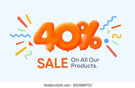 Banner de venta especial de verano 40% de descuento en forma de globos 3d amarillo diseño de vectores de sol ilustración de promoción de compras estacional números 3d para etiqueta de oferta de etiquetas Disfrutar descuentos Hasta un 40% de descuento