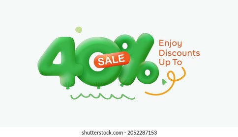 Special summer sale banner 40% discount in form of 3d balloons Green Vector design seasonal shopping promo advertisement illustration 3d numbers for tag offer label Enjoy Discounts Up to 40% off