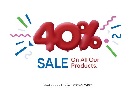 Special summer sale banner 40% discount in form of 3d balloons Red Vector design seasonal shopping promo advertisement illustration 3d numbers for tag offer label Enjoy Discounts Up to 40% off