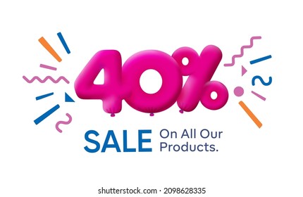 Banner especial de venta de verano 40% de descuento en forma de globos 3d Diseño de Vector Rosa estacional de promoción de compras ilustración 3d números para la etiqueta de oferta de etiquetas Disfrutar descuentos Hasta un 40% de descuento