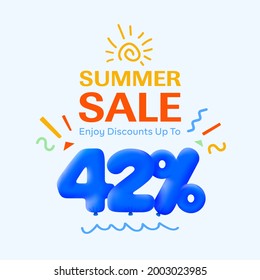 Special summer sale banner 42% discount in form of 3d blue balloons sun Vector design, seasonal shopping promo advertisement, illustration 3d numbers for tag offer label Enjoy Diccounts Up to 42% off