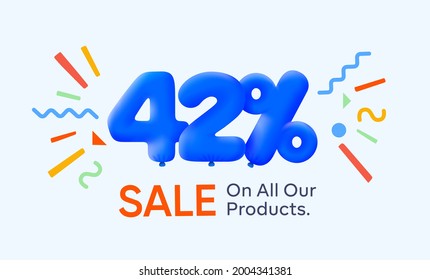 Special summer sale banner 42% discount in form of 3d blue balloons sun Vector design, seasonal shopping promo advertisement, illustration 3d numbers for tag offer label Enjoy Diccounts Up to 42% off