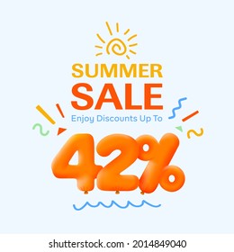 Special summer sale banner 42% discount in form of 3d yellow balloons sun Vector design seasonal shopping promo advertisement illustration 3d numbers for tag offer label Enjoy Discounts Up to 42% off