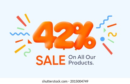 Special summer sale banner 42% discount in form of 3d yellow balloons sun Vector design seasonal shopping promo advertisement illustration 3d numbers for tag offer label Enjoy Discounts Up to 42% off