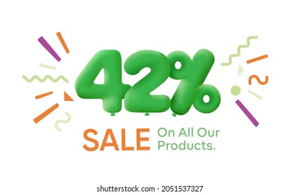 Special summer sale banner 42% discount in form of 3d balloons Green Vector design seasonal shopping promo advertisement illustration 3d numbers for tag offer label Enjoy Discounts Up to 42% off