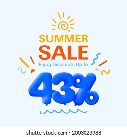 Special summer sale banner 43% discount in form of 3d blue balloons sun Vector design, seasonal shopping promo advertisement, illustration 3d numbers for tag offer label Enjoy Diccounts Up to 43% off