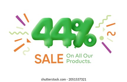 Special summer sale banner 44% discount in form of 3d balloons Green Vector design seasonal shopping promo advertisement illustration 3d numbers for tag offer label Enjoy Discounts Up to 44% off