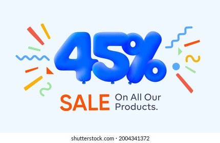 Special summer sale banner 45% discount in form of 3d blue balloons sun Vector design, seasonal shopping promo advertisement, illustration 3d numbers for tag offer label Enjoy Diccounts Up to 45% off